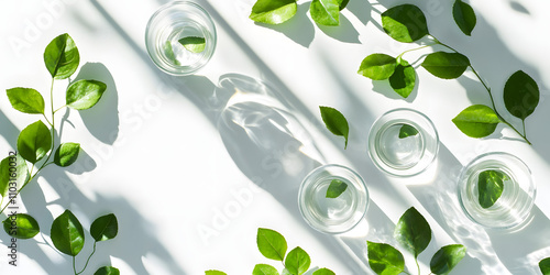 Pure natural green plants soaked in cup or beaker waiting for extraction on white table. Food science, health, nutrition, business, beauty, medical, commercial poster, poster, wallpaper, background