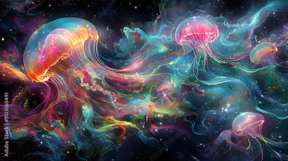 A mesmerizing scene of glowing, colorful jellyfish floating in a cosmic, starry environment, blending nature and surrealism.. A mesmerizing scene of glowing, colorful jellyfish floating in a cosmic, starry environment, blending nature and surrealism..