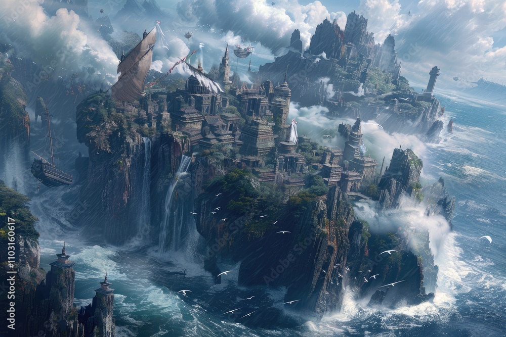 A City Built Upon a Cliffside Island with Waterfalls Flowing Into a Stormy Sea A City Built Upon a Cliffside Island with Waterfalls Flowing Into a Stormy Sea