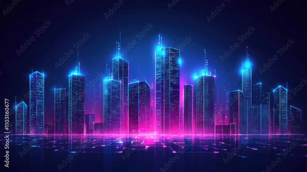 Futuristic Cityscape with Neon Lights and High-Tech Skyscrapers Futuristic Cityscape with Neon Lights and High-Tech Skyscrapers
