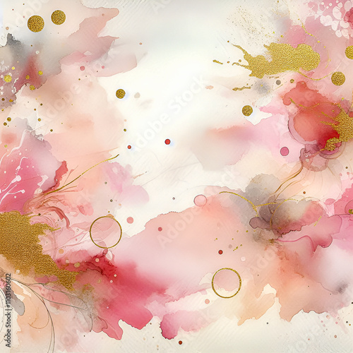 Watercolor texture with pink and gold splashes and stains. Aesthetic background