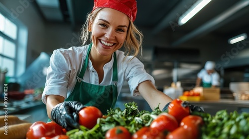 A woman wearing a red cap and apron handles fresh red tomatoes with a big smile, showing enthusiasm, in a well-lit, spacious, and modern kitchen setting. photo