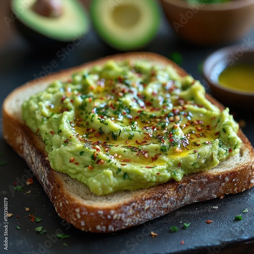 a delicious creamy mashed avocado spread on a slice of toasted sourdough, topped with a sprinkle of chili flakes and a drizzle of olive oil