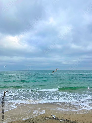 Autumn panorama of the boundless azure surface of the Black Sea under heavy gray clouds covering the horizon.