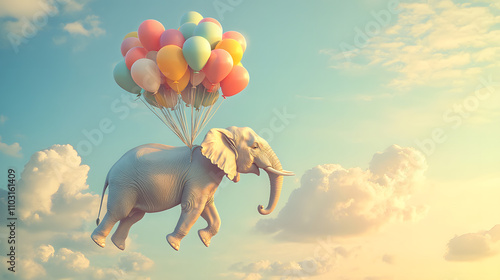 A whimsical white elephant floats over calm waters, carried by vibrant balloons, in a surreal and dreamlike sky..
