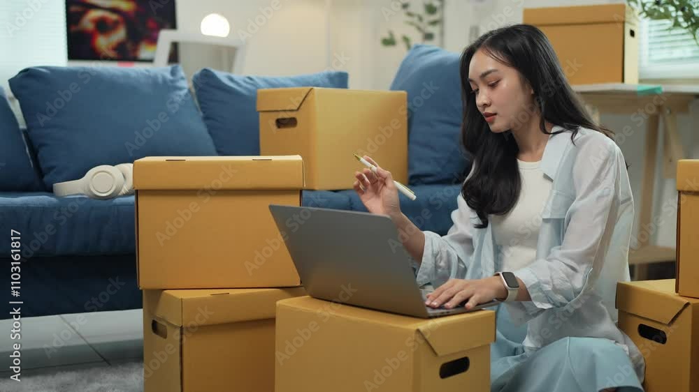 Charming female designer SME Freelance Asian thinking of designing fashion clothes in home office Online selling Packaging concept of online seller Business self-employment. Charming female designer SME Freelance Asian thinking of designing fashion clothes in home office Online selling Packaging concept of online seller Business self-employment.