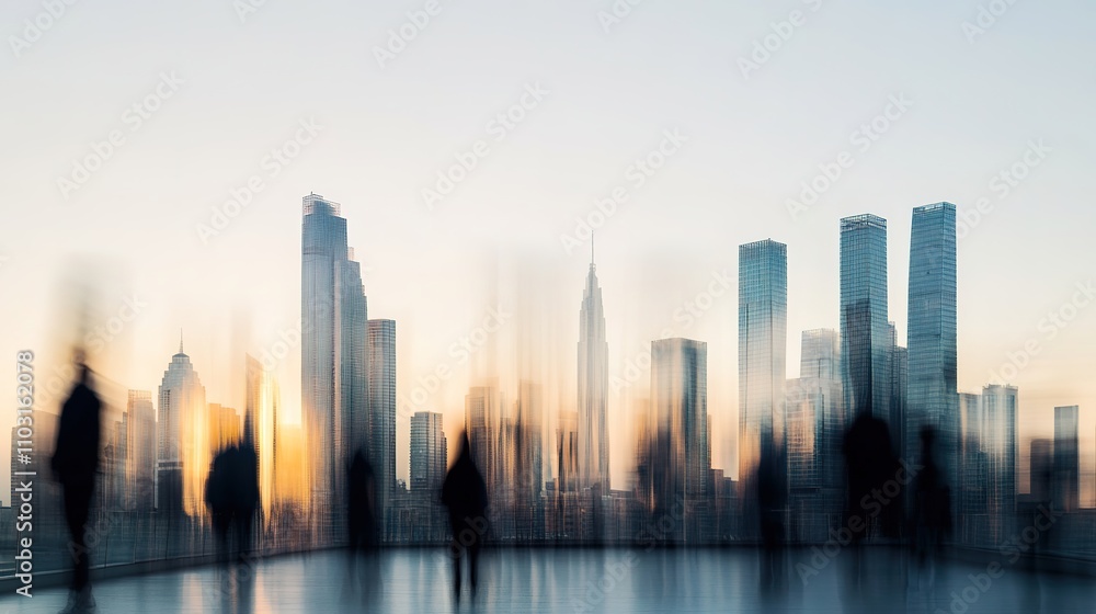 Blurry cityscape with silhouettes during sunset Blurry cityscape with silhouettes during sunset