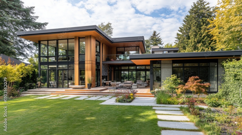 Fototapeta premium Modern minimalist home with large windows and landscaped garden