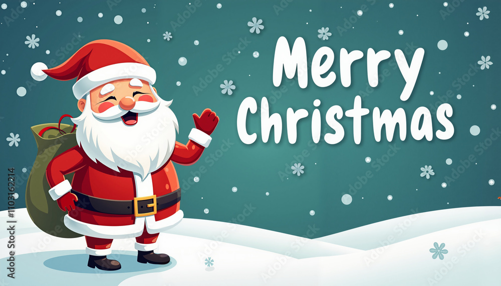 A cartoon illustration of Santa Claus standing in a snowy landscape. He is wearing his red suit, holding a bag of presents, and waving. He has a jolly, cheerful expression, and text A cartoon illustration of Santa Claus standing in a snowy landscape. He is wearing his red suit, holding a bag of presents, and waving. He has a jolly, cheerful expression, and text