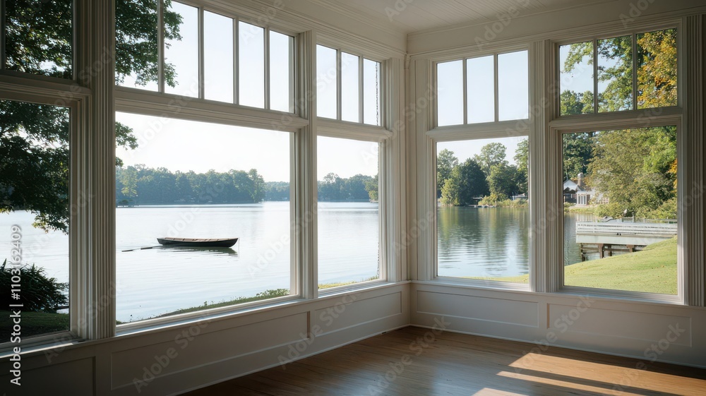 Twostory house with large bay windows facing the lake, with a rowboat gently drifting nearby bay windows, peaceful lake scene Twostory house with large bay windows facing the lake, with a rowboat gently drifting nearby bay windows, peaceful lake scene