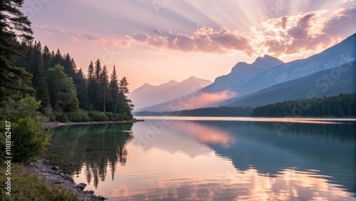 Serene sunrise over a tranquil mountain lake