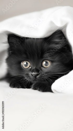 Wallpaper Mural Adorable black kitten peeks out from under a cozy white blanket, AI Torontodigital.ca