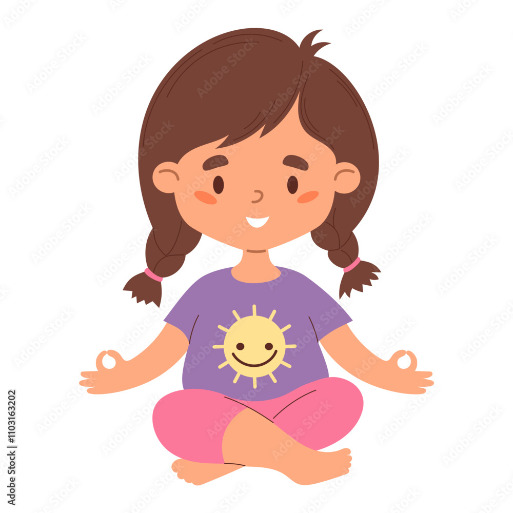 Cute happy girl with braids hairstyle meditating. Funny child female character sitting in asana. Vector illustration