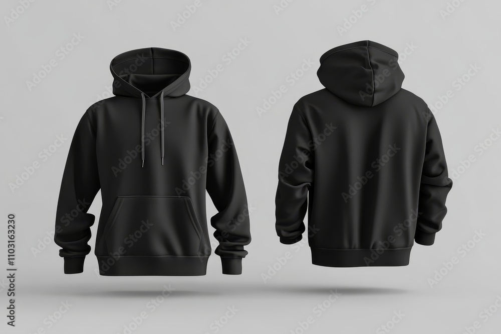 Black hoodie mockup isolated on grey background, front and back view. Black hoodie mockup isolated on grey background, front and back view.