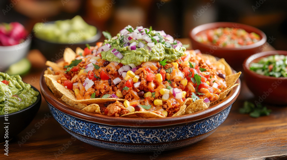 Delicious nachos with guacamole, salsa, and vegetables in a decorative bowl Delicious nachos with guacamole, salsa, and vegetables in a decorative bowl