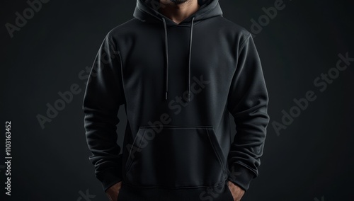 Man in a black hooded sweatshirt with hands in pockets, dark background.