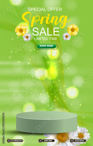 spring sale discount portait template banner with blank space 3d podium for social media post product sale with abstract gradient green background design 21