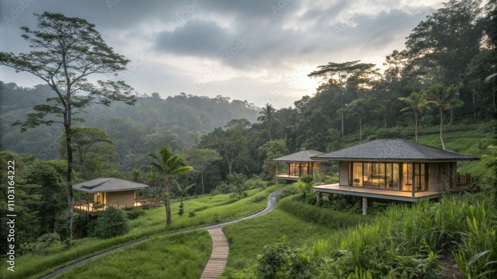 Serene hillside villas amidst lush tropical landscape Serene hillside villas amidst lush tropical landscape