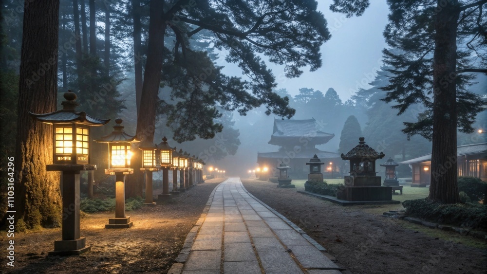 Serene pathway illuminated by lanterns in a misty temple garden Serene pathway illuminated by lanterns in a misty temple garden