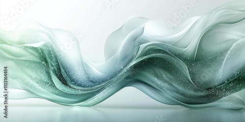  Futuristic Abstract Background with Green and White Waves, Frosted Glass Effect, and Sparkling Water Reflection