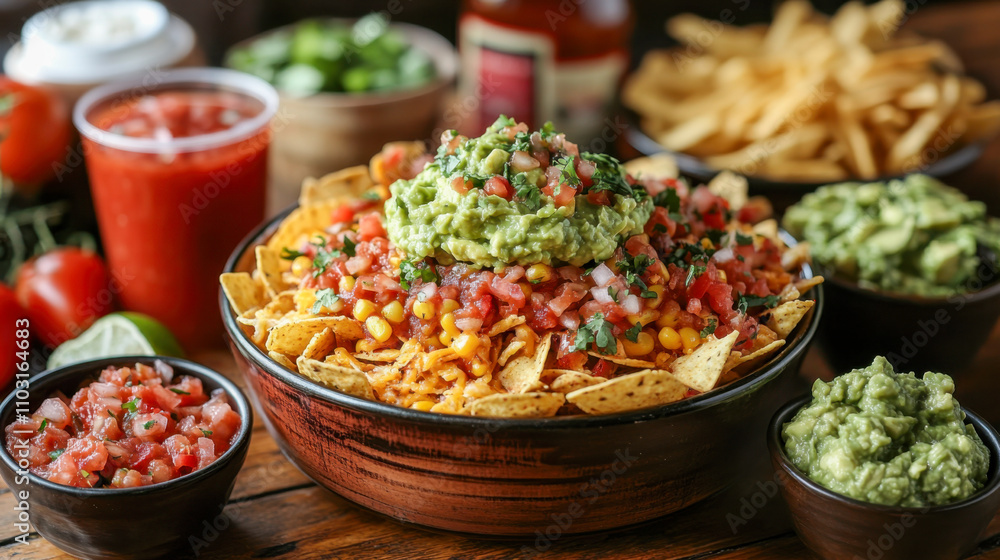 Fresh mexican nachos with guacamole and salsa in wooden bowl on rustic table Fresh mexican nachos with guacamole and salsa in wooden bowl on rustic table