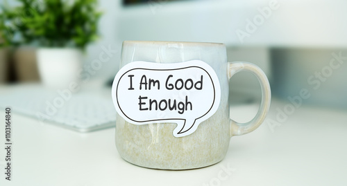I am good enough is shown using the text. Motivational phrase to love and respect yourself unconditionally, stop seeking others approval