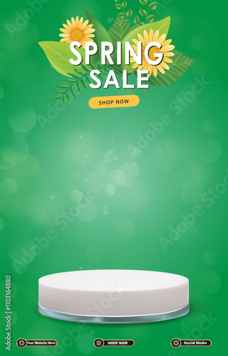 spring sale discount portait template banner with blank space 3d podium for social media post product sale with abstract gradient green background design55