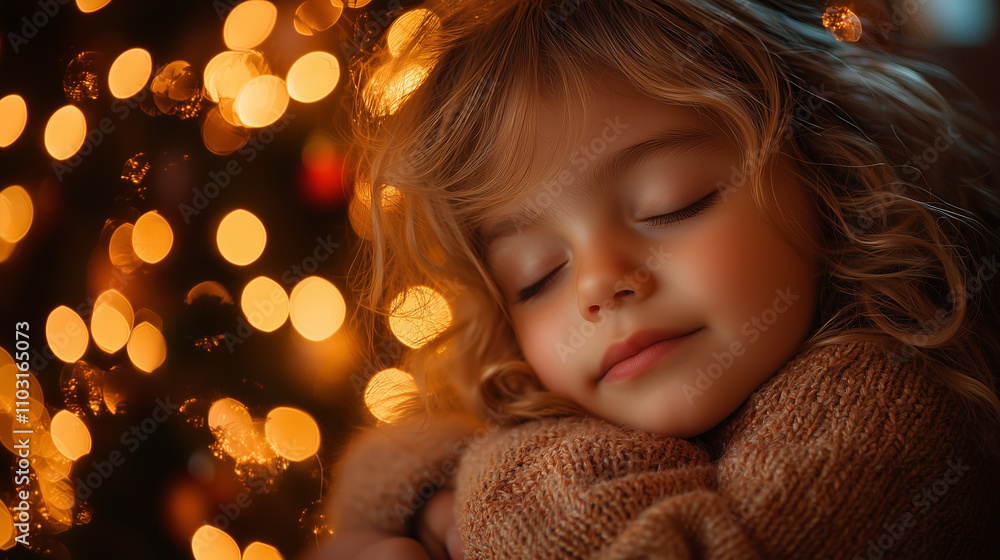 A child with closed eyes, sitting peacefully beside a beautifully decorated Christmas tree, soaking in the holiday atmosphere. A child with closed eyes, sitting peacefully beside a beautifully decorated Christmas tree, soaking in the holiday atmosphere.