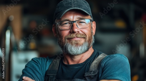 A contented worker wearing glasses and a cap smiles lightly and crosses arms amidst a cluttered workshop scene, reflecting satisfaction and a seasoned spirit.