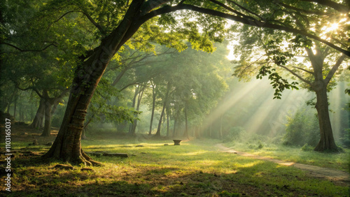 Serene forest scene with sunlight filtering through trees