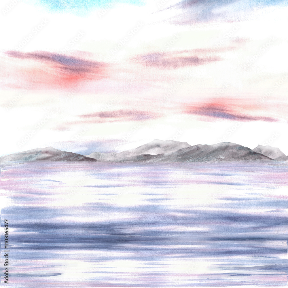 Fototapeta premium Nautical watercolor landscape. Adriatic seascape with sunset or sunrise sky, mountain silhouettes, reflection at sea. Hand drawn illustration isolated from background. For holiday cards, poster print.