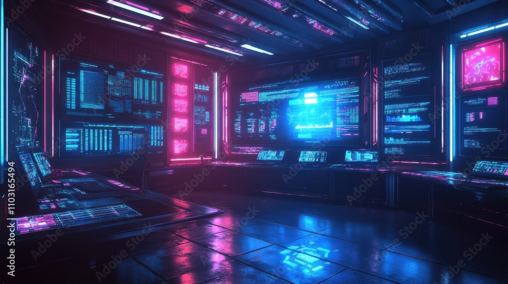 Futuristic Control Room with Neon Lights and Advanced Screens Futuristic Control Room with Neon Lights and Advanced Screens