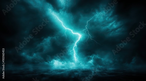 This striking image depicts a vivid lightning bolt cutting through ominous dark clouds over a vast ocean, highlighting the electrifying beauty of nature's fury.