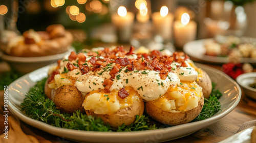 Gourmet loaded baked potatoes with bacon and cheese served on a festive table