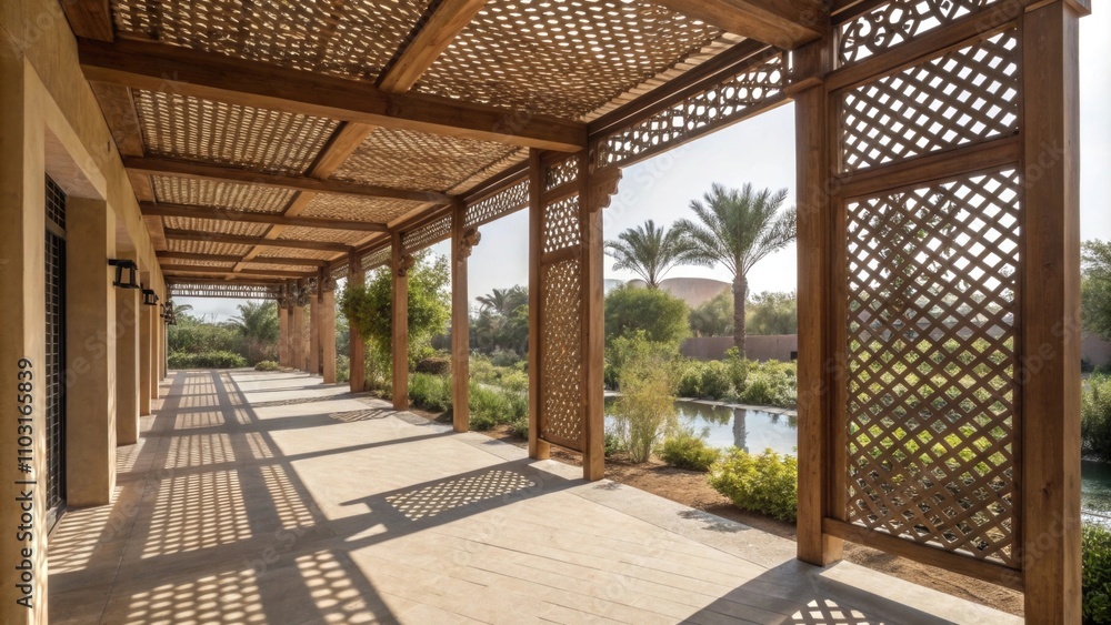 Serene courtyard with intricate wooden lattice architecture Serene courtyard with intricate wooden lattice architecture