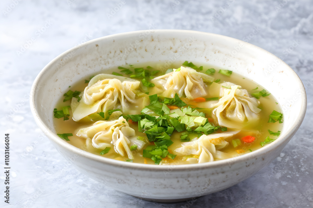 Savory cabbage dumpling soup in a clear broth, softly blurred light ceramic counter background Savory cabbage dumpling soup in a clear broth, softly blurred light ceramic counter background