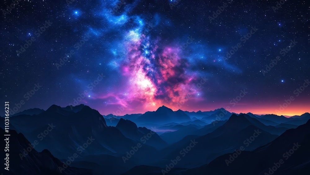 Majestic Milky Way arcs over mountain peaks. Majestic Milky Way arcs over mountain peaks.