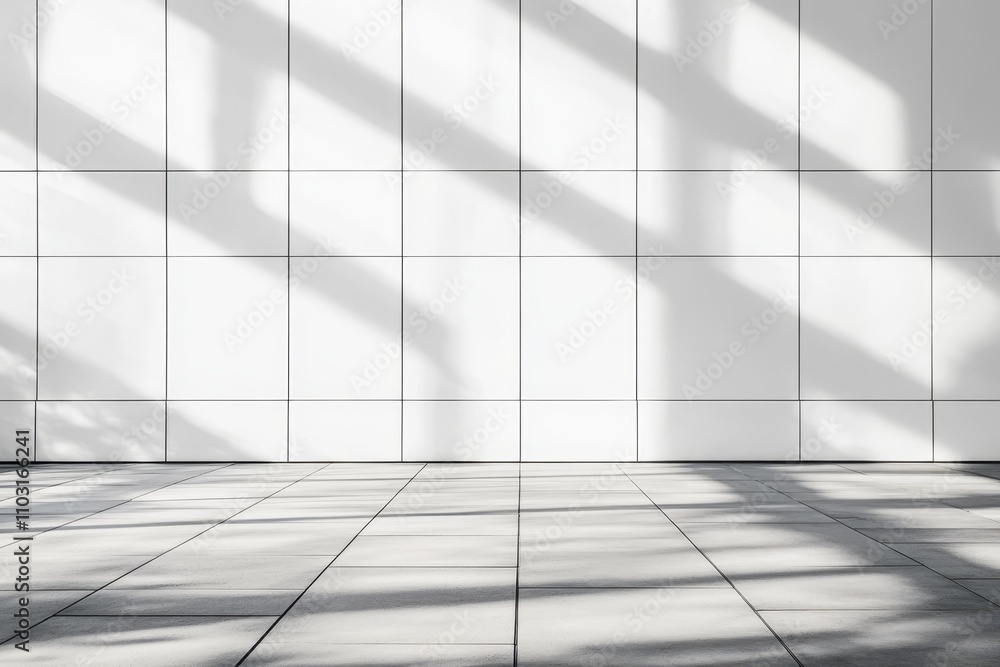 Minimalist white tiled wall with shadow patterns, modern design. Minimalist white tiled wall with shadow patterns, modern design.