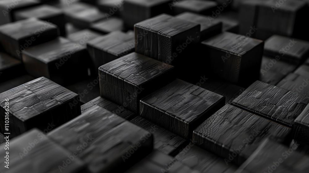 A close-up of a geometric pattern made of black wooden blocks. A close-up of a geometric pattern made of black wooden blocks.