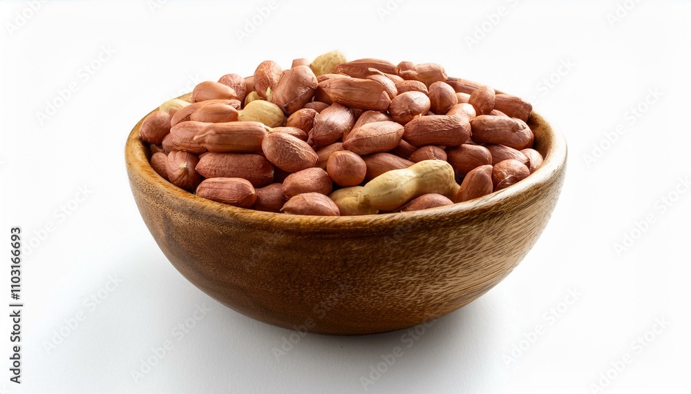 Peanuts in brown wooden bowl, isolated on a clean white background, perfect for snack-themed imagery and food branding Peanuts in brown wooden bowl, isolated on a clean white background, perfect for snack-themed imagery and food branding
