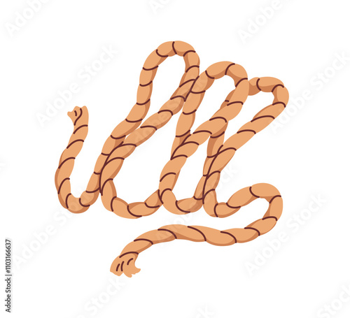Rope, strong cord. Braided hemp twine, loose zigzag tool. Sturdy rough binding accessory. Thick string, loosed, curved and twisted. Flat graphic vector illustration isolated on white background