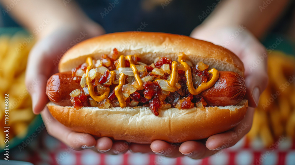 Hands presenting gourmet hot dog with toppings outdoors at picnic table Hands presenting gourmet hot dog with toppings outdoors at picnic table