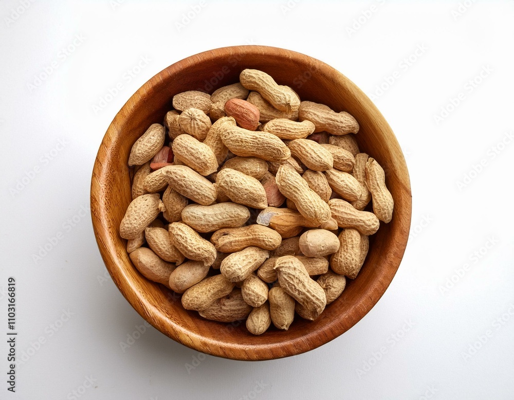 Peanuts in brown wooden bowl, isolated on a clean white background, perfect for snack-themed imagery and food branding Peanuts in brown wooden bowl, isolated on a clean white background, perfect for snack-themed imagery and food branding