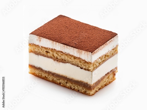 A delectable slice of tiramisu, dusted with cocoa powder isolated on white background with clipping path 