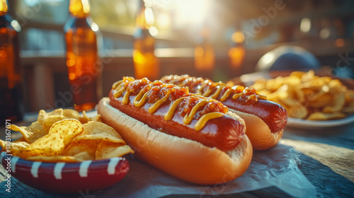 Hot dogs with mustard and chips outdoors at sunny barbecue gathering