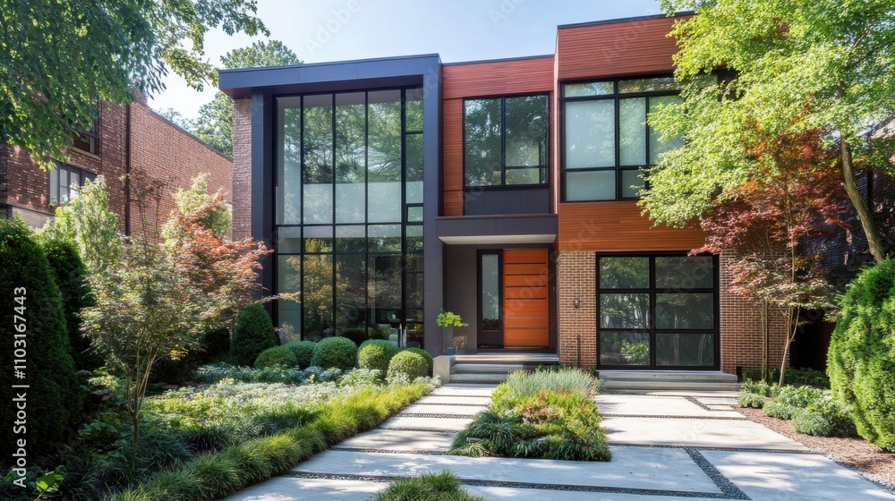 Obraz premium Modern Home Exterior with Lush Landscape and Clean Design Elements