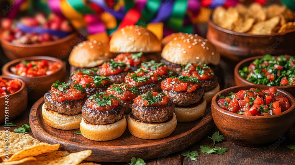 Mini burgers with salsa topping and chips, perfect for vibrant festival celebration Mini burgers with salsa topping and chips, perfect for vibrant festival celebration