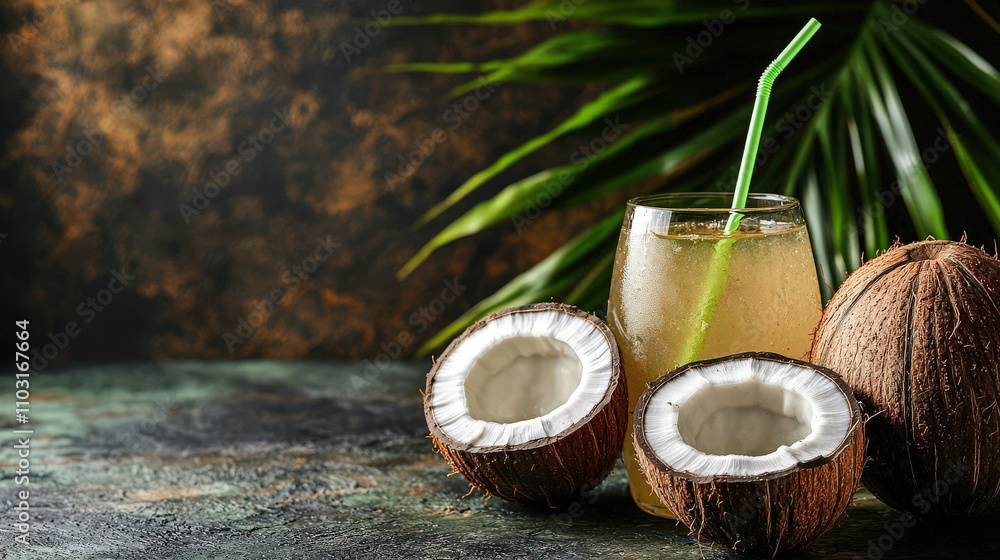 Fresh coconut water in glass with coconut shells nearby, refreshing drink Fresh coconut water in glass with coconut shells nearby, refreshing drink