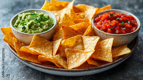 Plate of tortilla chips with guacamole and salsa dips on rustic table