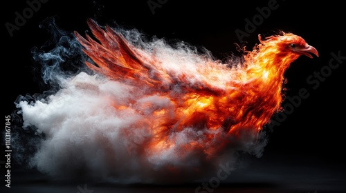 A visually striking image of a fiery phoenix, laced with bright orange flames and swirling smoke, symbolizes rebirth, transformation, and eternal life. photo